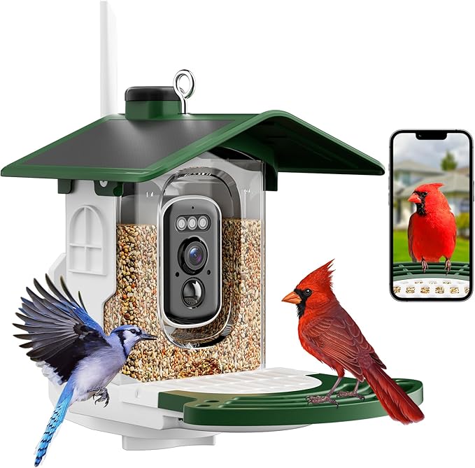 Smart Bird Feeder with Camera Solar Powered - AI Bird Identification, 2K HD Video Stream Camera, 3MP Photos, 2.9in Focus, Gifts for Mom Dad Birdlovers, Grass Green