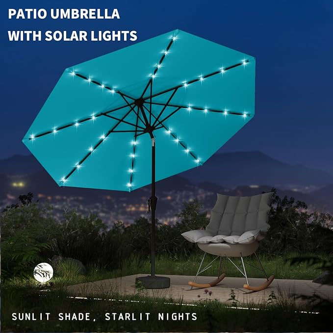 9FT Patio Umbrella with Solar Lights,Outdoor Market Umbrella with Tilt and Crank, LED Lighted Table Umbrella for Garden,Deck,Backyard,Pool,Beach