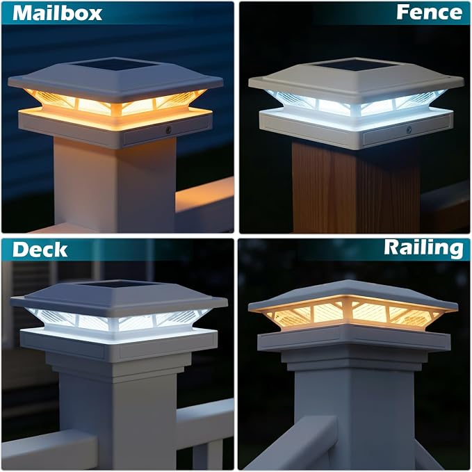 SIEDiNLAR Solar Post Cap Light 2 Modes 12 Pack, 3.5x3.5 4x4 4.5x4.5 5x5 Vinyl/Wooden Posts, Waterproof Outdoor Lighting for Fence Deck Patio Garden Decor, White/Warm (White)