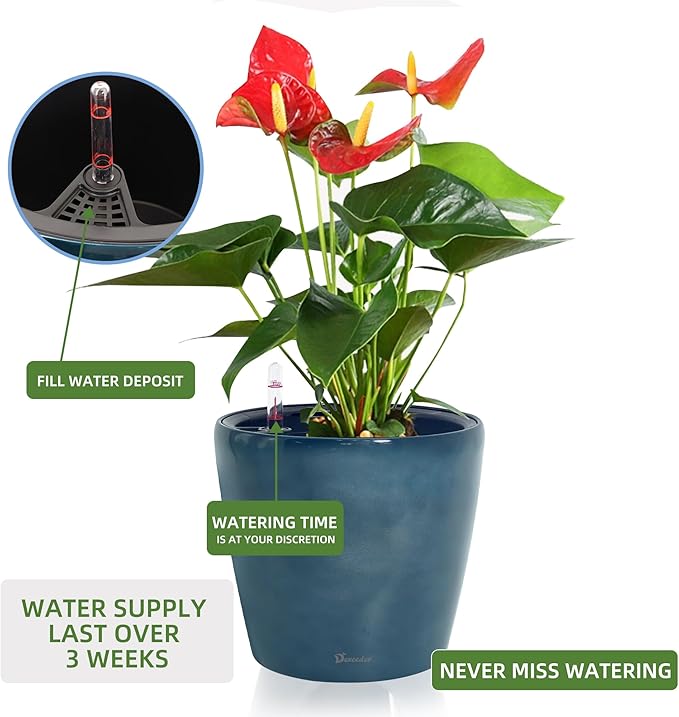 Dexceder 11x10 Self Watering Planter (Grayish Green Gradient) | Inner Pot Design, Thickened Table Flower Plant Pot with Water Level Indicator Indoor Outdoor