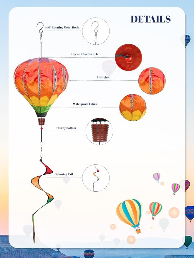 2PCS Giant Rainbow Hot Air Balloon Wind Spinners 14" W x 59" H Large Multicolor Whirligig Wind Spinner Hanging Ornaments for Yard Garden Lawn Outdoor Decorations (Multicolor-2)