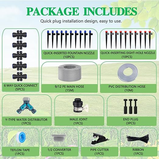 82FT Drip Irrigation Kit, 1/4-inch Drip Irrigation Emitter, Fan-Shaped Drip Irrigation Emitter, Quick-Connect Automatic Drip Irrigation System, Suitable for Watering Plants in Flowerpot Elevated Bed.