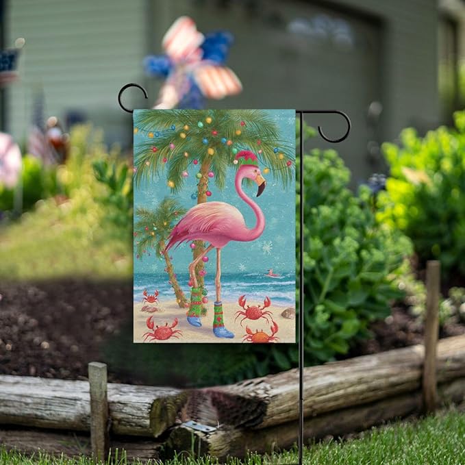 Pfrewn Christmas Winter House Flag 28x40 Double Sided Christmas Tropical Flamingo Palm Tree Crab Large Garden Yard Flags Welcome Seasonal Outdoor Indoor Banner for Xmas Holiday Yard Home Decoration