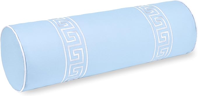 Hofdeco Premium Coastal Grandmillennial Patio Indoor Outdoor Bolster Pillow Cover Only, 8"x24" Water Repellent for Backyard, Couch, Poolside, Baby Blue Embroidered Greek Key
