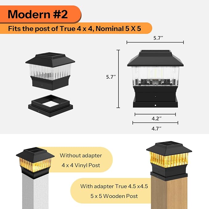 6 Pack Solar Post Cap Lights - Modern #2: Fits True 4x4 Vinyl & 5x5 Wood Posts, Bulk Savings, 3 Color Temp, 50 Lumen Waterproof Outdoor Lights for Deck Fence, Matte Black