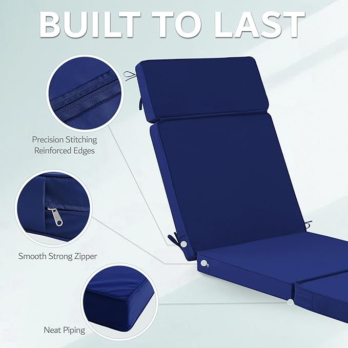 80 x 26 Inch Outdoor Chaise Lounge Cushions Set of 2 - Removable Cover, 4-Section Design, Water-Repellent & Fade-Resistant, 6 Tie Straps, Replacement for Patio & Pool Chairs - Navy