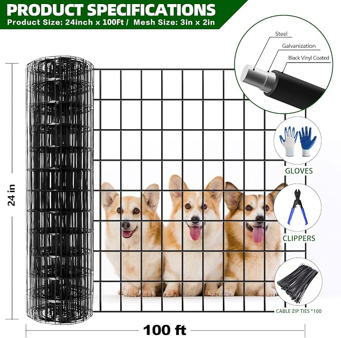 GILPWA Welded Wire Fence, 100ft(L) x 24inch(H) Garden Fence for Dog, 2 Inch x 3 Inch 16GA Fencing for Chicken, PVC Coated Anti-Rust Roll Metal Wire Mesh Fence for Yard Vegetable, Black