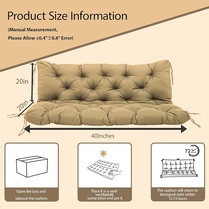 Porch Swing Cushions Outdoor, 5 Inch Thick Waterproof 2-3 Seater Replacement Swing Cushion with Backrest and Anti-Slip Ties, Perfect for Porch, Patio, Garden, Outdoor Bench Furniture, 40×40×5 Inch
