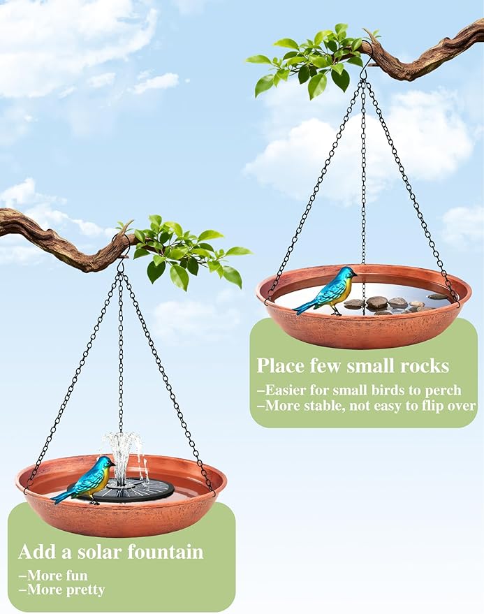 Hanging Bird Bath for Outdoor, 11 Inch Dia Antique Copper Metal Bird Feeder Birdbath Bowl Mounted Black Chain Metal Yard Art Garden Decor 0.5 Gallon