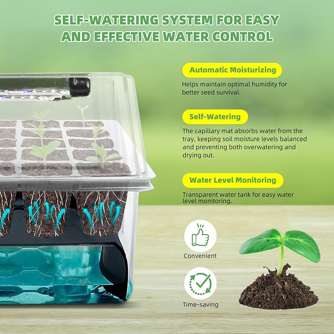 Indoor Seed Starting Kit with 60-Cell Self-Watering Tray, LED Grow Light, Timer, Humidity Dome, pH Meter for Plant Germination, Vegetables, Herbs, Flowers