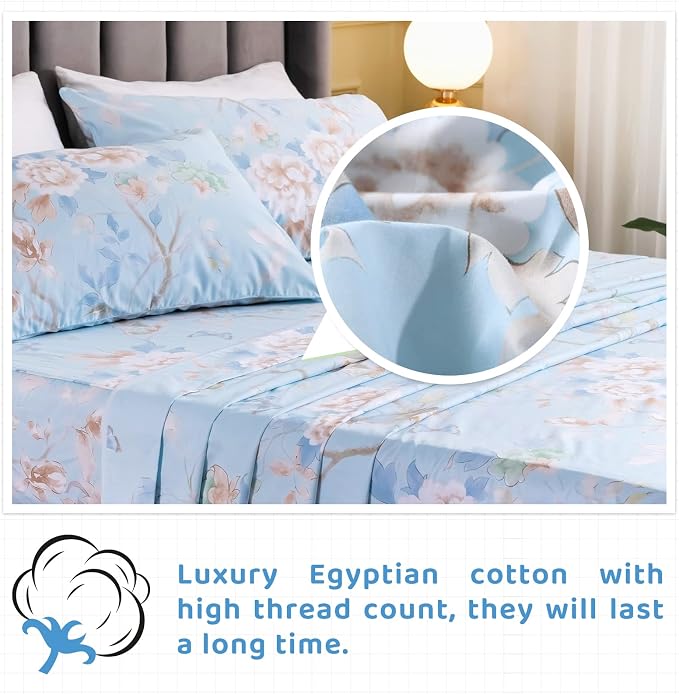 QSH 100% Egyptian Cotton Cal King Sheets, Blue Bird Plant Pattern Botanical Luxury Cotton Printed Flower California King Bedding Sheets, 4pcs Deep Pocket California King Floral Bed Sheet Set