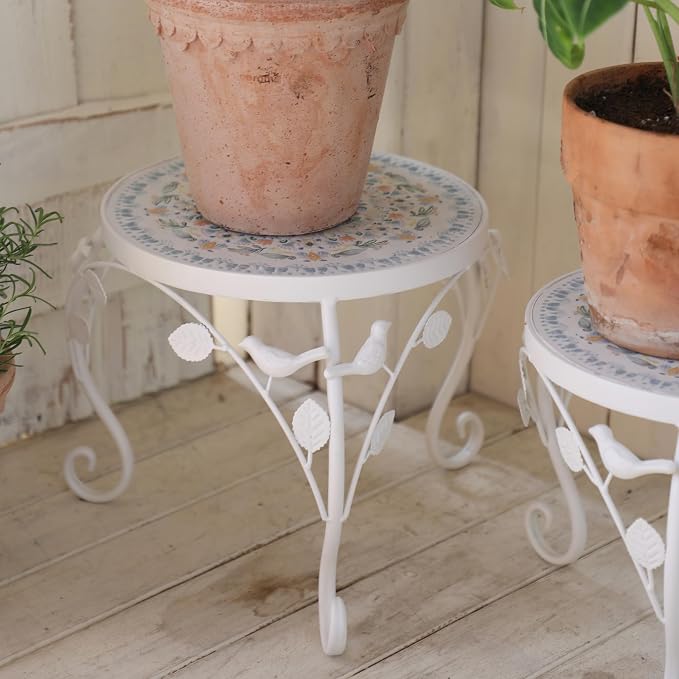 Set of 2 Plant Stand for Indoor Outdoor, Heavy Duty Cast Iron with 10" Ceramic Tile Top Plant Table, Tall Vintage Decorative Plant Rack, Mosaic Flower Pot Holder for Home Garden Porch Yard Patio