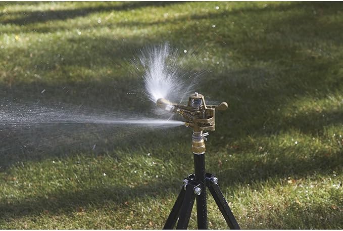 Strongway Tripod Sprinkler with Round Base, 3/4 in. Brass Head with 2 Nozzles, 100 Ft. Diameter Coverage, 7800 Sq. Ft., 6-10 GPM, Adjustable Full and Partial Circle, for Lawn and Garden