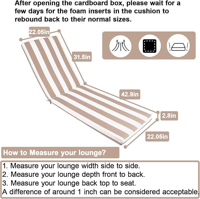 Only choice 2 Pcs Set Outdoor Lounge Chair Cushions Patio Chaise Lounge Replacement Cushions Furniture Seat Cushions Chair Pads(Beige White Striped)