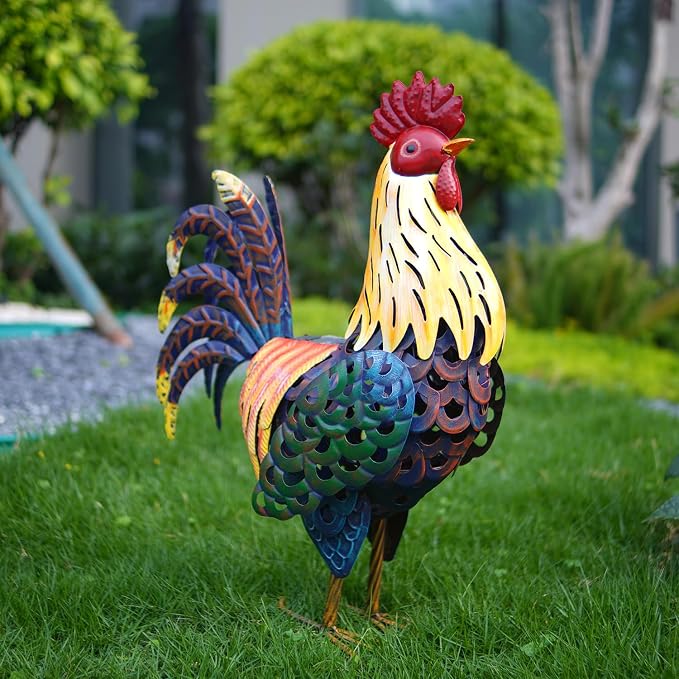 LIFFY Metal Chicken Yard Decor, 20" Solar Yard Rooster Decorations,Farm Outdoor Garden Statues, Animal Sculpture Ornaments for Backyard Patio Lawn Landscape