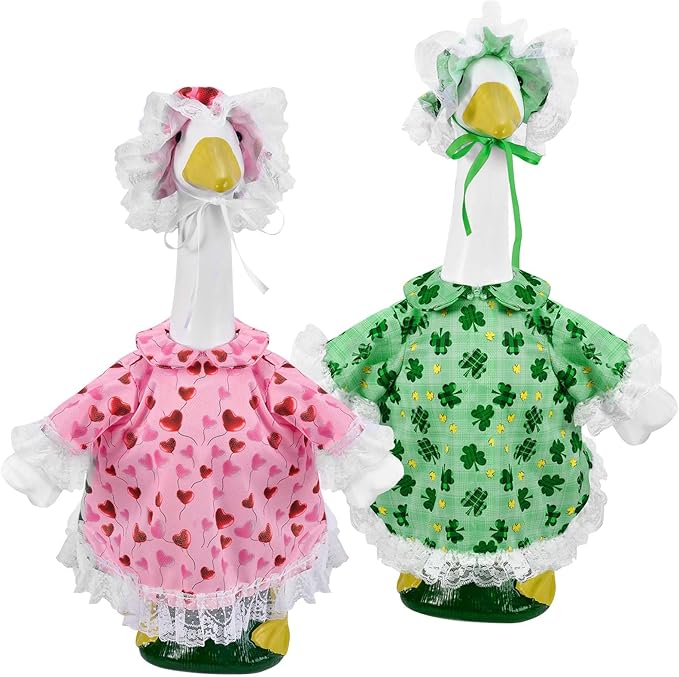 2 Sets Holiday Porch Goose Outfits for Valentine and St. Patrick,23" Porch Goose Clothes for Patio Yard Lawn Decor