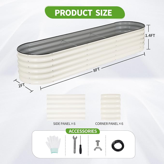 Galvanized Raised Garden Bed Outdoor- 2 Pcs Raised Beds for Gardening| Metal Planter Box, Steel Raised Garden Bed Kit with Gloves for Vegetables, Flower, Herbs (8x2x1.4FT, White)