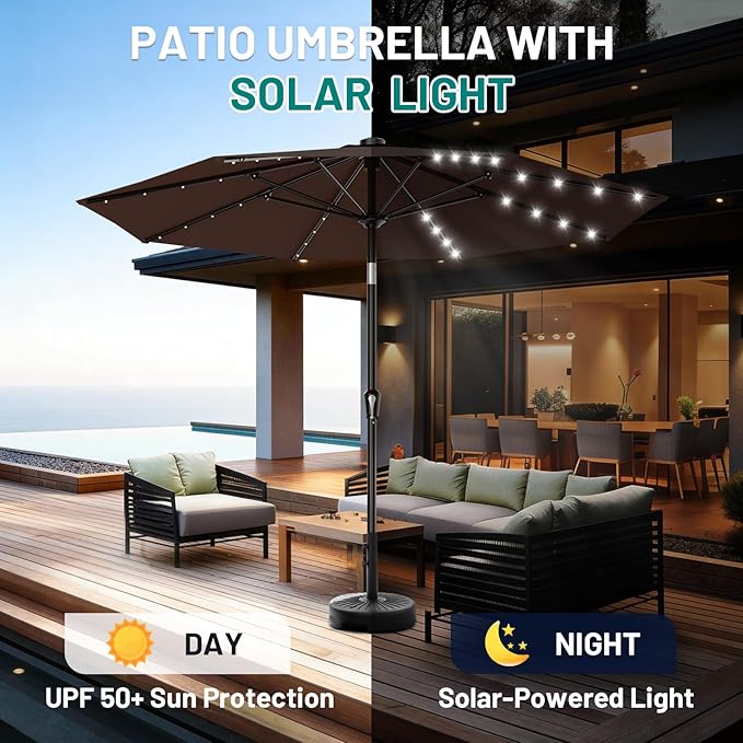 AreShark 9FT Patio Umbrella with Solar Lights, 32 Lighted Pool Umbrella w/Tilt and Crank, Outdoor Table Solar Umbrellas for Garden, Deck, Backyard, Pool and Beach, Light Brown