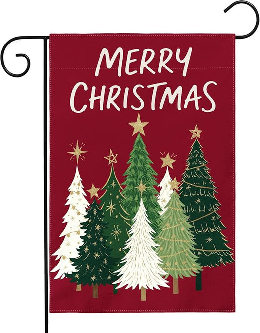 Merry Christmas Garden Flag 12x18 Inch Dark Red Green Xmas Tree Holiday Winter Decorative Yard Flags for Outside Double Sided Seasonal Outdoor Home Farmhouse Decoration Porch New Year Decor