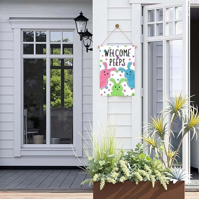 Large Easter House Flag 28x40 Inch Double Sided Welcome Peeps Bunny Flag Colorful Spring Yard Flag Outdoor Porch Cute Rabbit and Egg Pattern Farmhouse Easter Garden Banner for Home Patio Lawn
