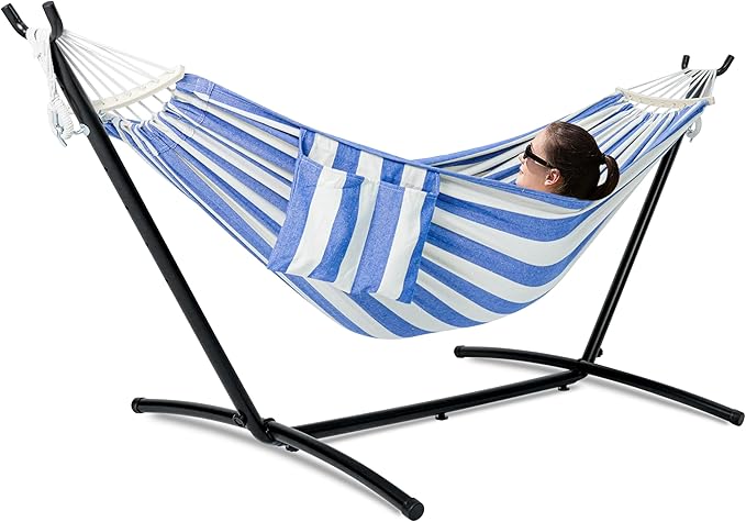 GAFETE Double Hammock with Stand for Outside, Upgraded Spreader Bar, Heavy Duty Space Saving Steel Stand 2 Person, Convenient Pockets, 600lbs Weight Capacity, Indoor & Outdoor (Blue & White)