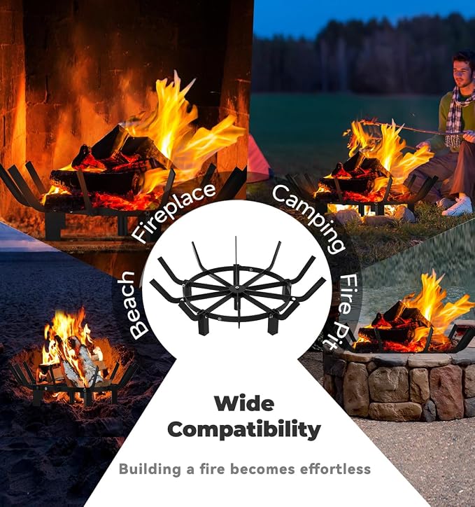 Mondazie 24 Inch Round Fire Pit Grate with 10 Bars for Firepit, Heavy Duty Firewood Log Burning Rack Holder for Fireplace Hearth Wood Stove and Outdoor Campfire, Black