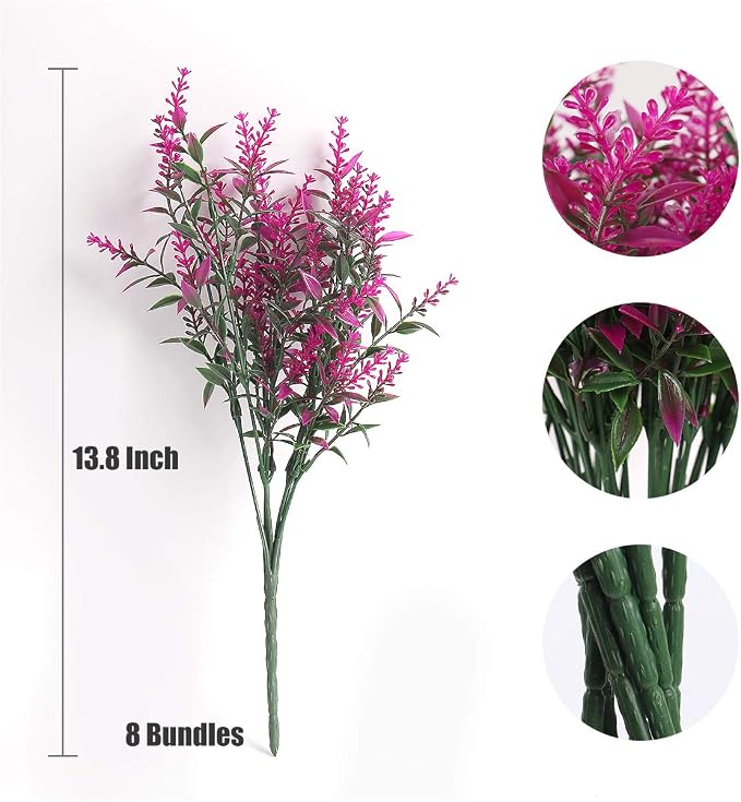 RECUTMS 8 Bundles Artificial Outdoor Lavender Flowers Fake Outside Plants | 13.8",UV Resistant Greenery,Plastic Shrubs,Faux Ferns,Spring Summer Decor,Indoor/Outdoor Hanging Decorations