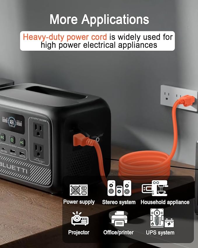 YEZriler 3M/10FT Heavy-Duty Charging Cable for Jackery Power Station Explorer 3000/2000/1500/1000, Ecoflow Delta/River/Series, Bluetti EB3A, Anker 757/767, 125Volt 15Amps AC Power Cord - Orange