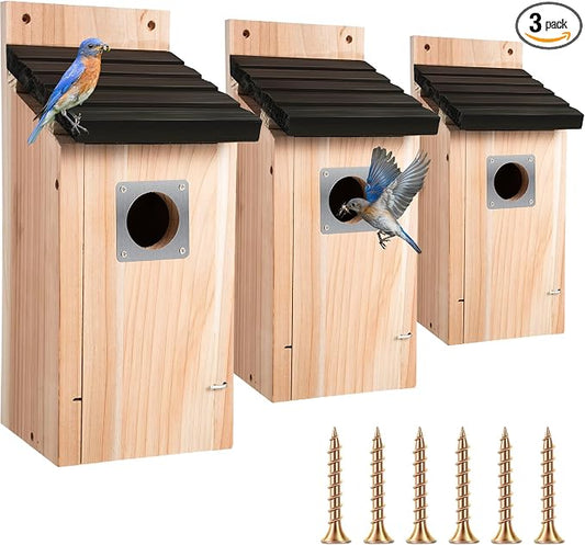 Dreyoo 3 Pack Bluebird Box Houses for Outside,1-1/2'' Entrance Hole Wooden Bird Houses with Metal Guard, Secure Latch,Fledgling Grooves,Air Vents for Bluebird Wren Swallow (Black Roof,Wood Body)