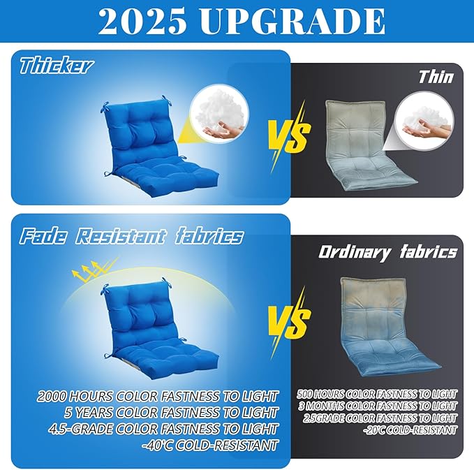Marsui 6 Pcs Outdoor Indoor High Back Chair Cushions Patio Furniture Tufted Pillow with Ties Water-Resistant Replacement Outdoor Rocking Chair Cushions, 42 x 21 Inches (Blue,Solid Color)