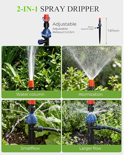 MYMULIKE 75FT Drip Irrigation System, 1/2" Main Pipe & 1/4" Branch Pipe, Adjustable Drip Emitters, Automatic Irrigation Kit Garden Watering System for Flower Bed, Raised Beds, Lawn, Greenhouses