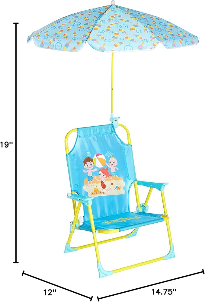 CoComelon Kids Folding Beach Chair with Umbrella – Outdoor Portable Chair for Ages 3+, Lightweight with Safety Lock, Perfect for Beach, Park, or Backyard
