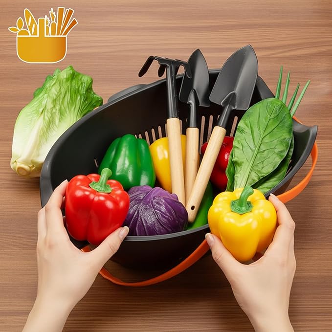 Nuogo 3 Pcs Garden Harvest Basket, Removable Partitions with Tool Caddy for Collecting, Carrying, and Cleaning Harvesting Basket Doubles as a Colander for Vegetables and Fruits Garden Accessories