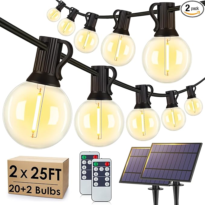 Larkvue 50FT(2x25FT) Solar String Lights Outdoor with Remote, Waterproof Dimmable 3 Modes Patio Lights with 20+2 LED G40 Bulbs for Cafe Bistro-Black