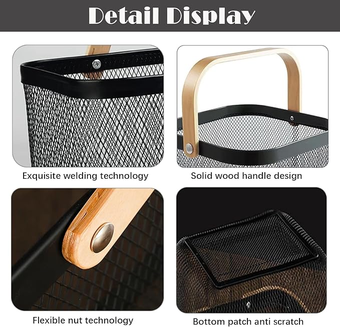 2 Pack Metal Picnic Baskets,Garden Basket,Metal Mesh Garden Harvest Basket with Foldable Wooden Handle,Storage Organizer Basket Hanging Kitchen Baskets Fruit Basket