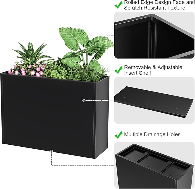Nessxa Tall Metal Planter Box for Outdoor Plants 30" L x 12" W x 24" H, Heavy Duty Steel Large Planter Box with Removable Insert Shelf, Modern Décor for Tall Plants, Trees, Flowers (Black)