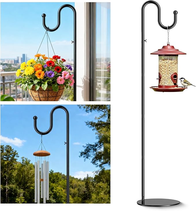 76" Adjustable Shepherds Hook Stand for Bird Feeders, Hanging Plants, Wind Chimes & Lanterns, Free Standing Bird Feeder Pole Holder with 6.6 lb Weighted Base for Patio Porch Indoor Outdoor Decor