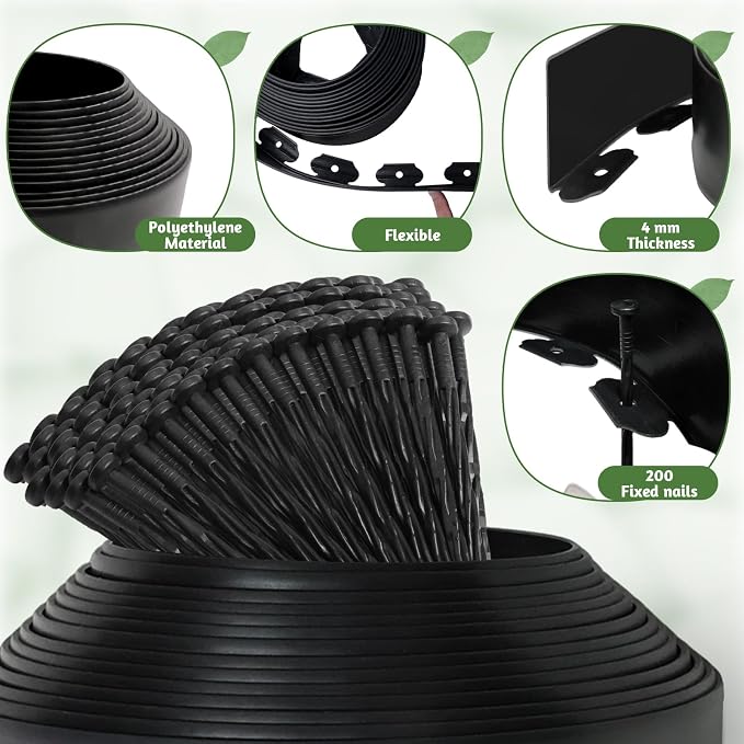 Landscape Edging - 2" High x 66 FT, Plastic Garden Edging Border with 200 Plastic Spikes, No Dig Lawn Edging for Lawn, Flower Beds, Yard, Garden Bed and Landscaping