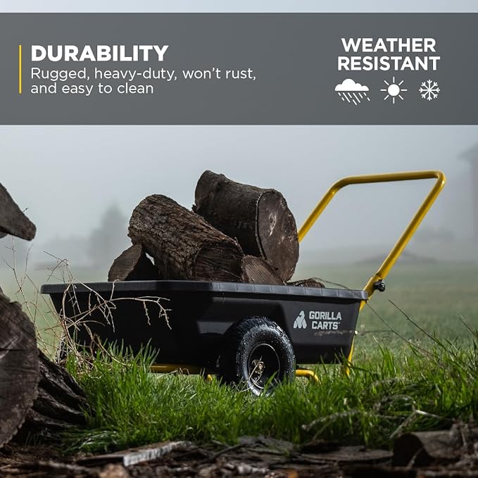 Gorilla Carts GCR-4 Poly Dump Cart, 2-Wheel Garden Wagon with Foldable Handle, 4 cu ft, 300 lb. Capacity, Black/Yellow
