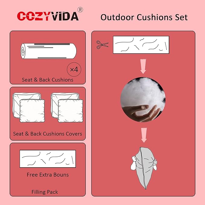 COZYVIDA Outdoor Deep Seat Cushion Set of 2, 22"x24" Seat & 23"x19" Back, C0 Water-Resistant Breathable Fabric, UV-Resistant 1000+ Hrs, 30D Foam with Recycled Fiber Fill,Chili