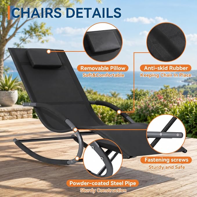 Garvee Outdoor Lounge Chair, Rocking Chair, Lounge Chair Recliner with Detachable Pillow for Patio, Lawn, Pool, Outdoor Home Furniture, Black