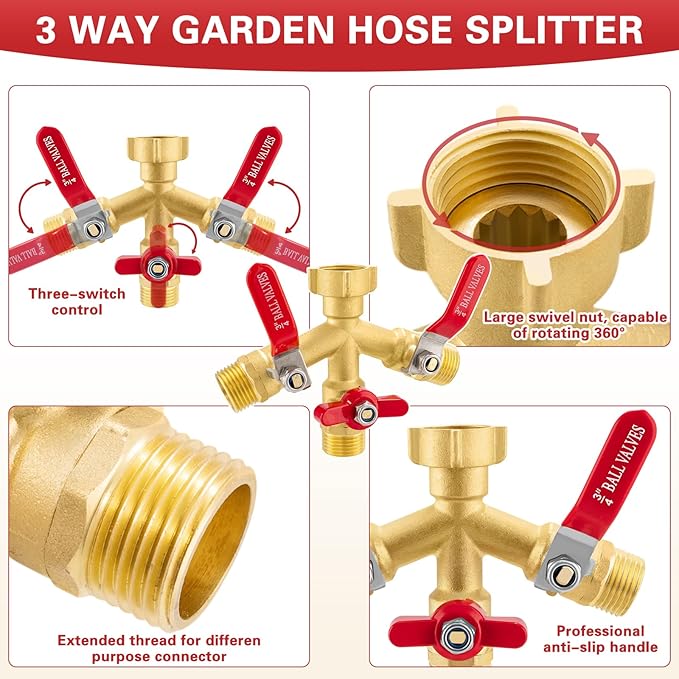 High Flow 3 Way Hose Splitter, Heavy Duty Brass Garden Hose Splitter,Water Hose Spigot Splitter with Easy-Grip Metal Handles, 3/4" GHT Thread Garden Hose Bib Splitter