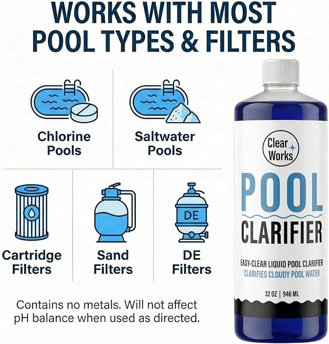 Pool Clarifier, Water Clarifier for Pool, Pool Water Clarifier for Above Ground & Inground Pools, 1 Quart (32 fl oz), Clears Cloudy Pool Water, Chlorine & Saltwater Compatible