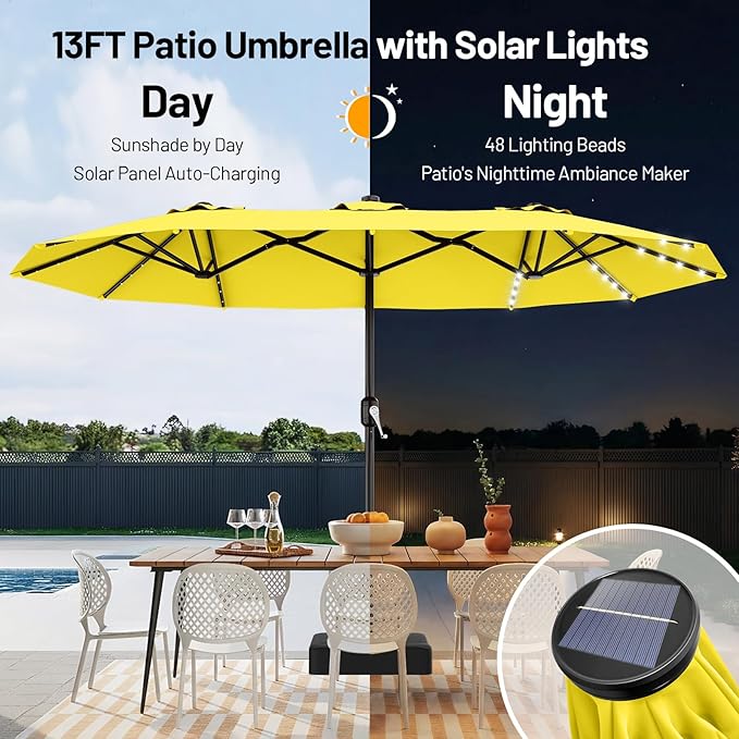AreShark 13 FT Patio Umbrella with Solar Lights, Double-Sided Outdoor Table Umbrellas with Crank, Large Rectangular Market Umbrella for Porch, Lawn, Pool, Backyard, Yellow