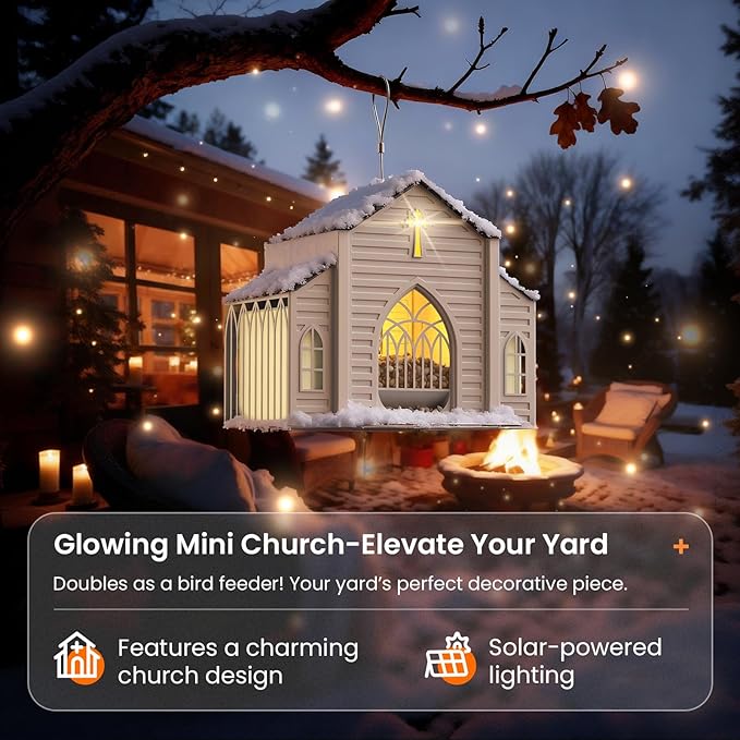 Church-Shaped Metal Bird Feeder with Solar Light - Hanging Outdoor Feeder, 5 LB Large Capacity & Bird Suet Design, Weatherproof, Garden/Yard/Deck Decor & Unique Gift for Christmas & Mother's Day