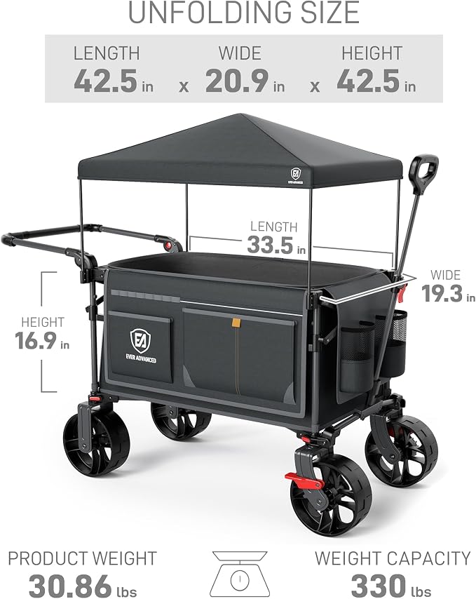 EVER ADVANCED Folding Push Wagon with Canopy, Portable Shopping Cart with Brakes, Collapsible Wagon Cart with All-Terrain Big Wheels for Camping, Beach, Sports