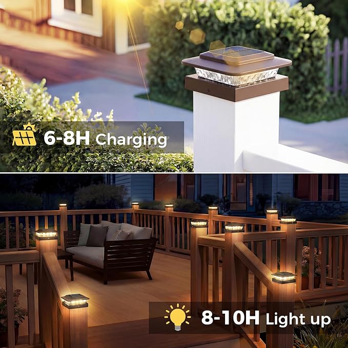 kolpop 4x4 Solar Post Cap Lights Outdoor 4Pack- 3 Color Temperatures&2 Level Brightness, IP65 Waterproof, 16 LED Fence Deck Post Light Solar Powered Only for 4×4/3.5×3.5 Wood/Vinyl Posts(Brown)