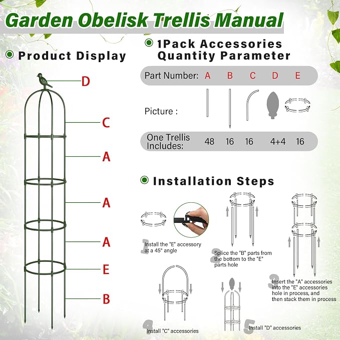 Sadnyy 4 Pack 6 ft Garden Obelisk Trellis for Climbing Plants Outdoor- Heavy Duty Rustproof Metal Pipe with Plastic Coated Plant Trellis for Clematis Grape Pea Vines Tomatoes Cucumbers Flowers(Green)