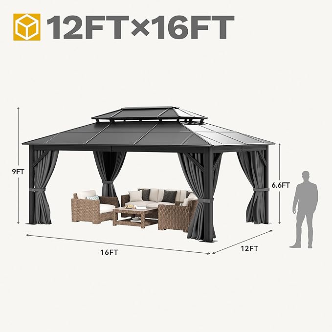 DWVO 12x16FT Outdoor Polycarbonate Gazebo, Double Roof Canopy with Metal Frame, Garden Tent with Netting and Shaded Curtains,Canopy for Patio, Backyard, Deck and Lawns, Gray