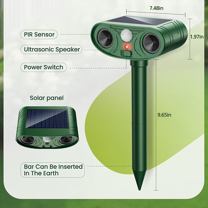 2026 Upgraded Ultrasonic Solar Animal Repellent Outdoor, Deer Repellent Devices Squirrel Cat Raccoon Rabbit Dog Deterrent with Motion Sensor for Yard Garden Lawn